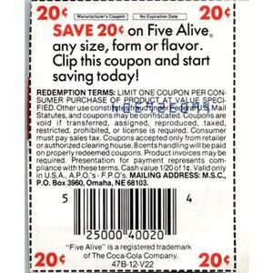 Save 20¢ On Five Alive Any Size Form Or Flavor Omaha NE 1980s Coupon SAI1-M5